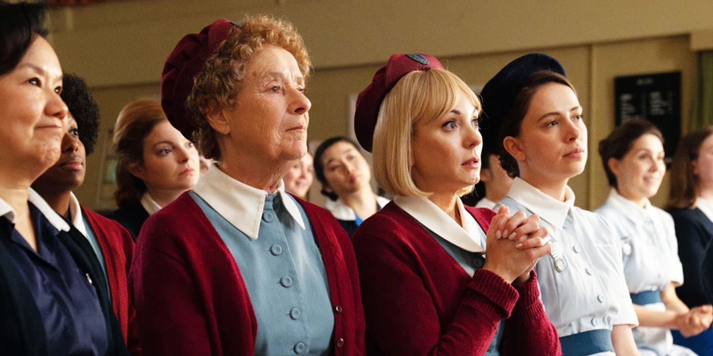 The cast of Call the Midwife standing in line with hopeful looks on their faces