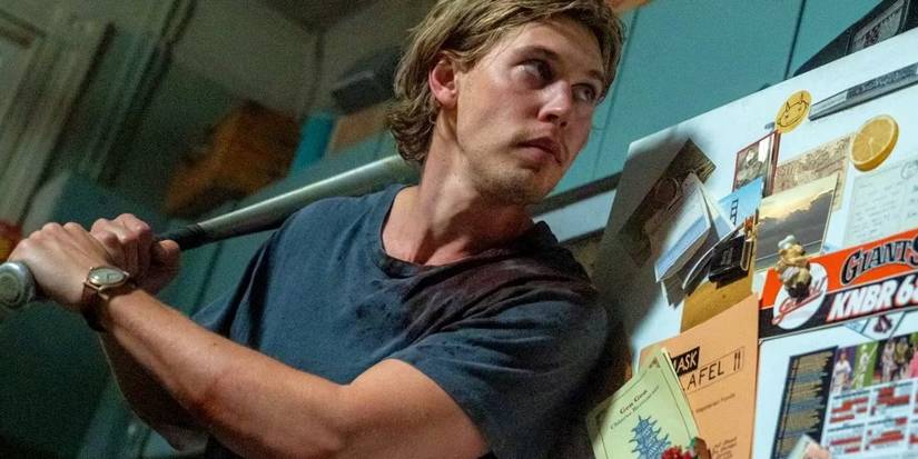 Austin Butler's Henry "Hank" Thompson wielding a baseball bat in Caught Stealing