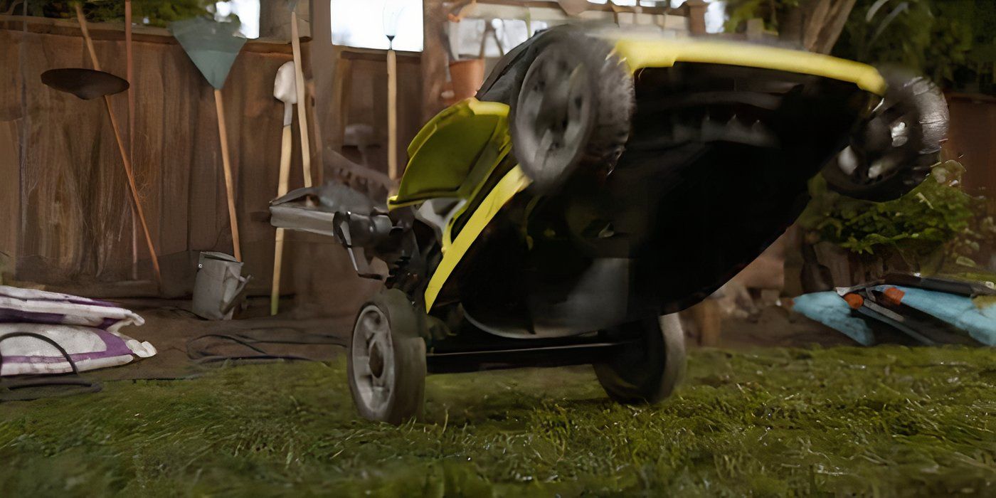 A still of a lawnmower about to run over Howard Campbell's (Alex Zahara) face in Final Destination Bloodlines.