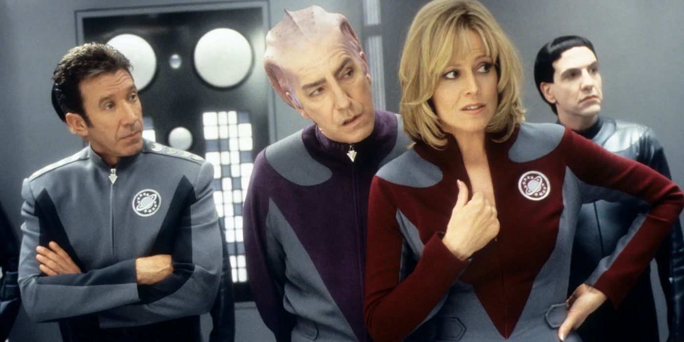 Tim Allen's Jason Nesmith, Alan Rickman's Alexander Dane, and Sigourney Weaver's Gwen DeMarco aboard a ship in Galaxy Quest 