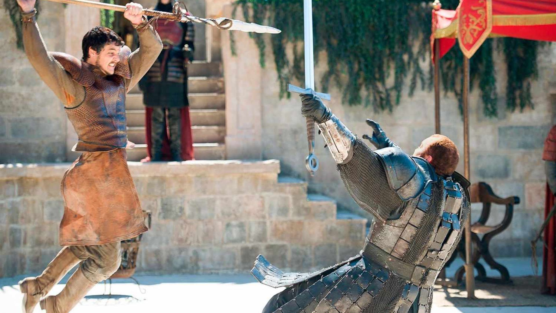 Oberyn lunges at Gregor with a spear in Game of Thrones