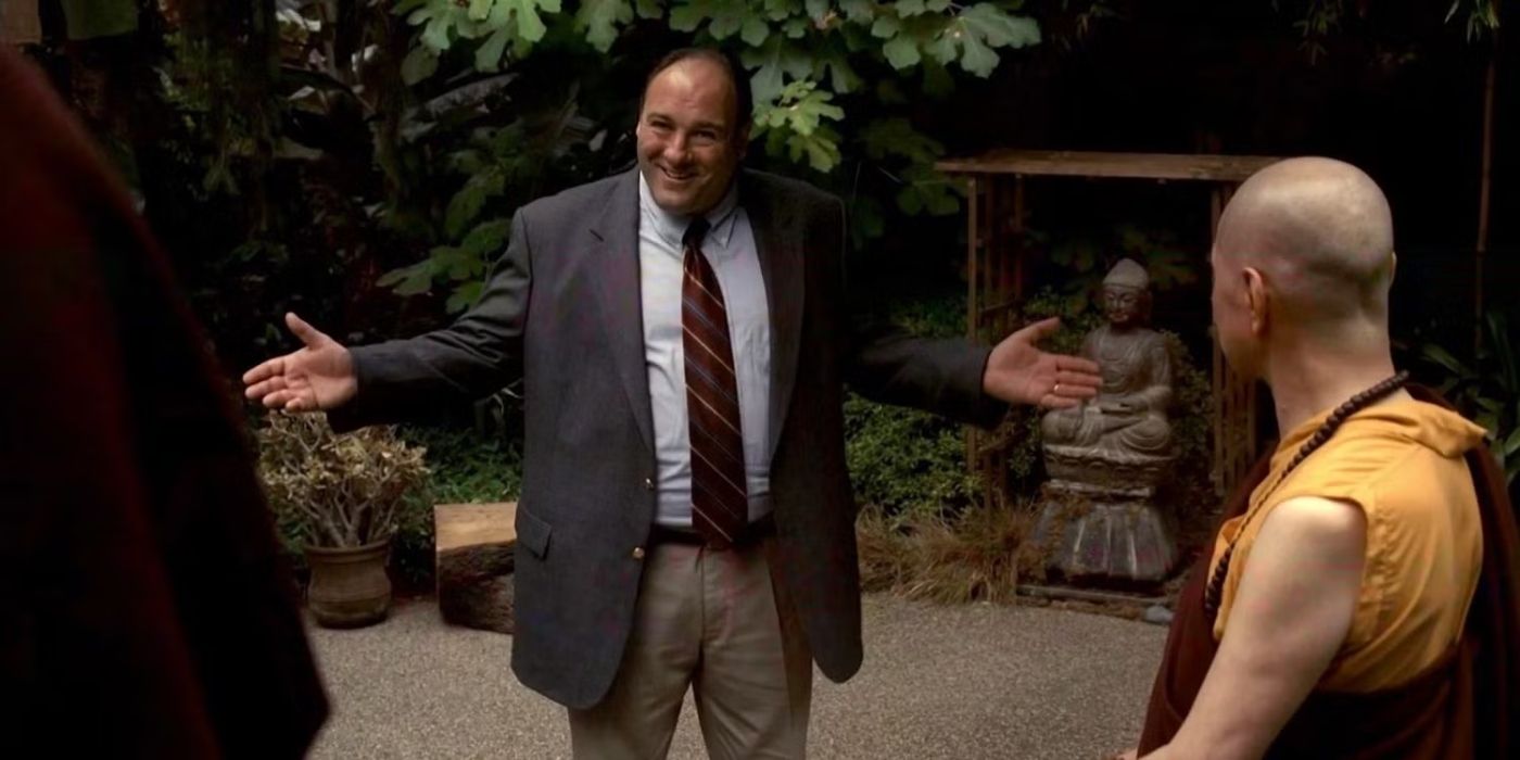 Tony Soprano (James Gandolfini) confronts some Buddhist monks in his coma dream in The Sopranos season six