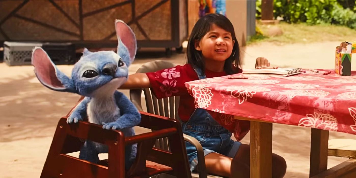 Stitch and Lilo sitting at a table in the Lilo and Stitch remake.