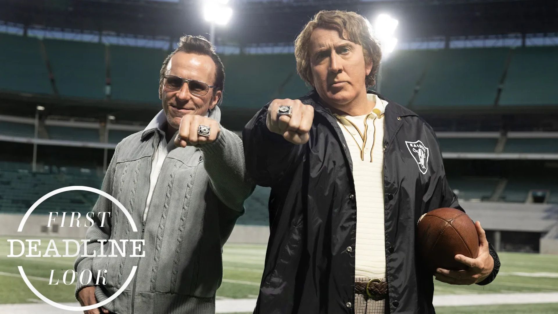 Christian Bale as Al Davis and Nicolas Cage as John Madden in sports biopic Madden