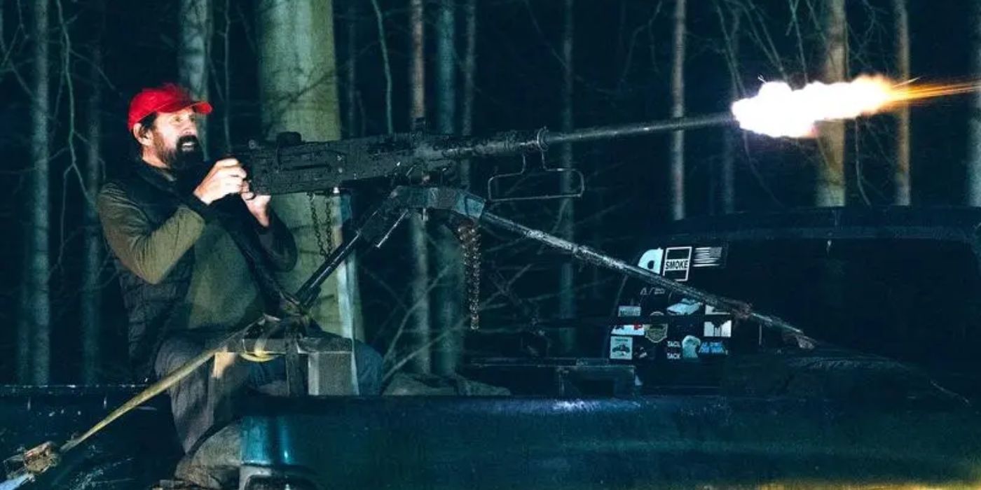 Peter Stormare uses a machine gun stand your ground