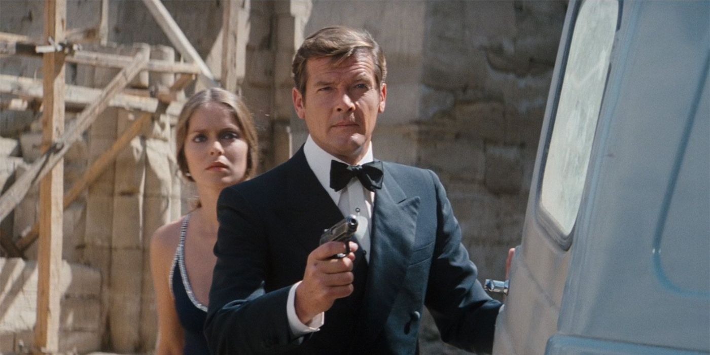 Roger Moore plays James Bond in The Spy Who Loved Me