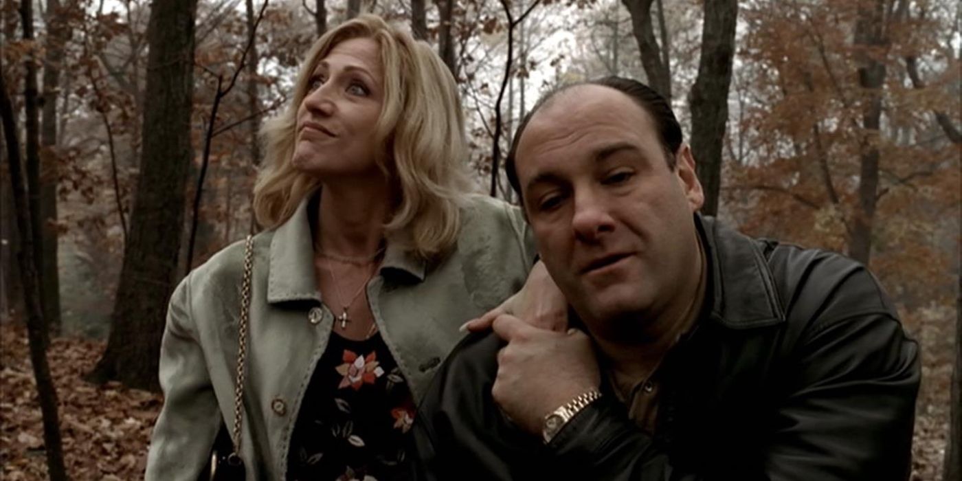 Carmela (Edie Falco) and Tony Soprano (James Gandolfini) walk in the woods in The Sopranos