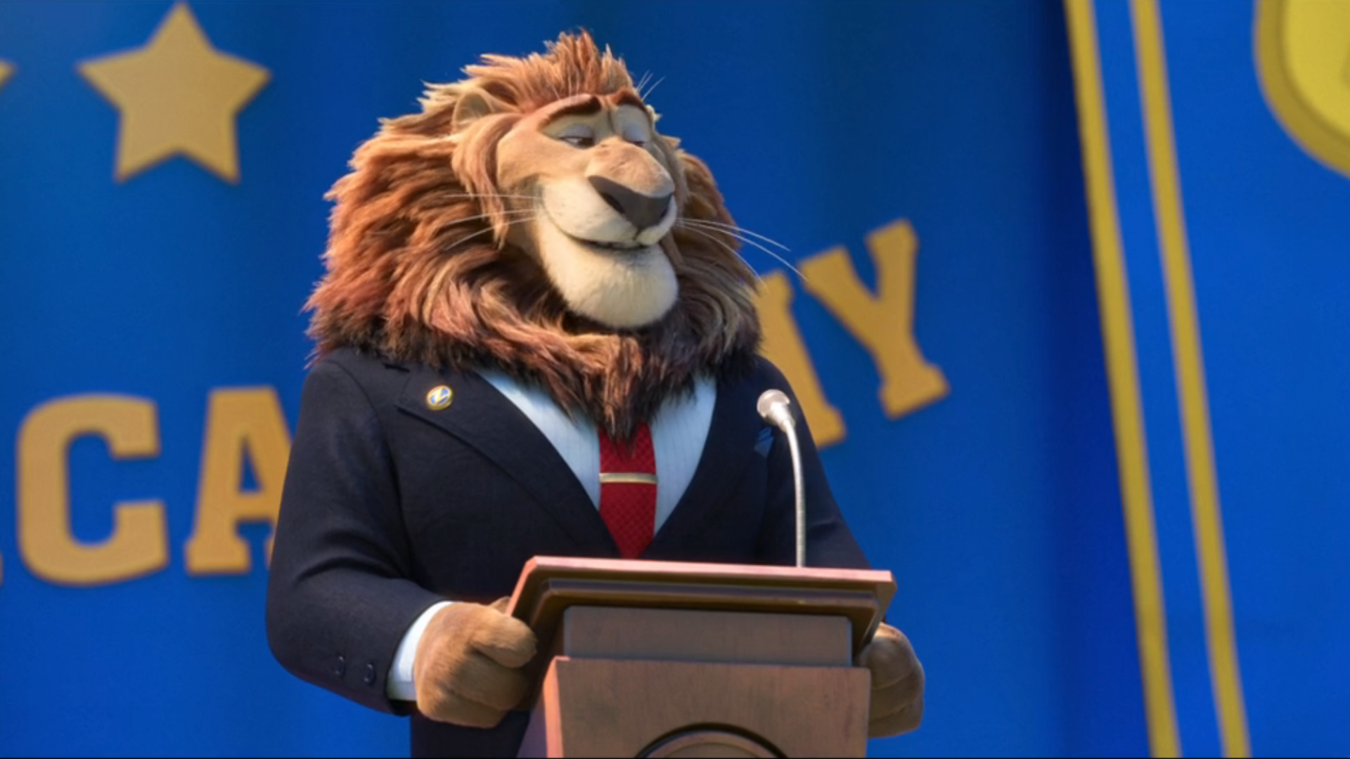 Mayor Lionheart at a podium in Zootopia.