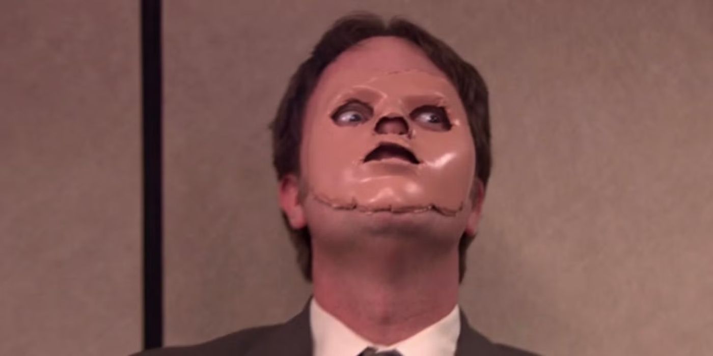 Dwight wearing the dummy face in The Office