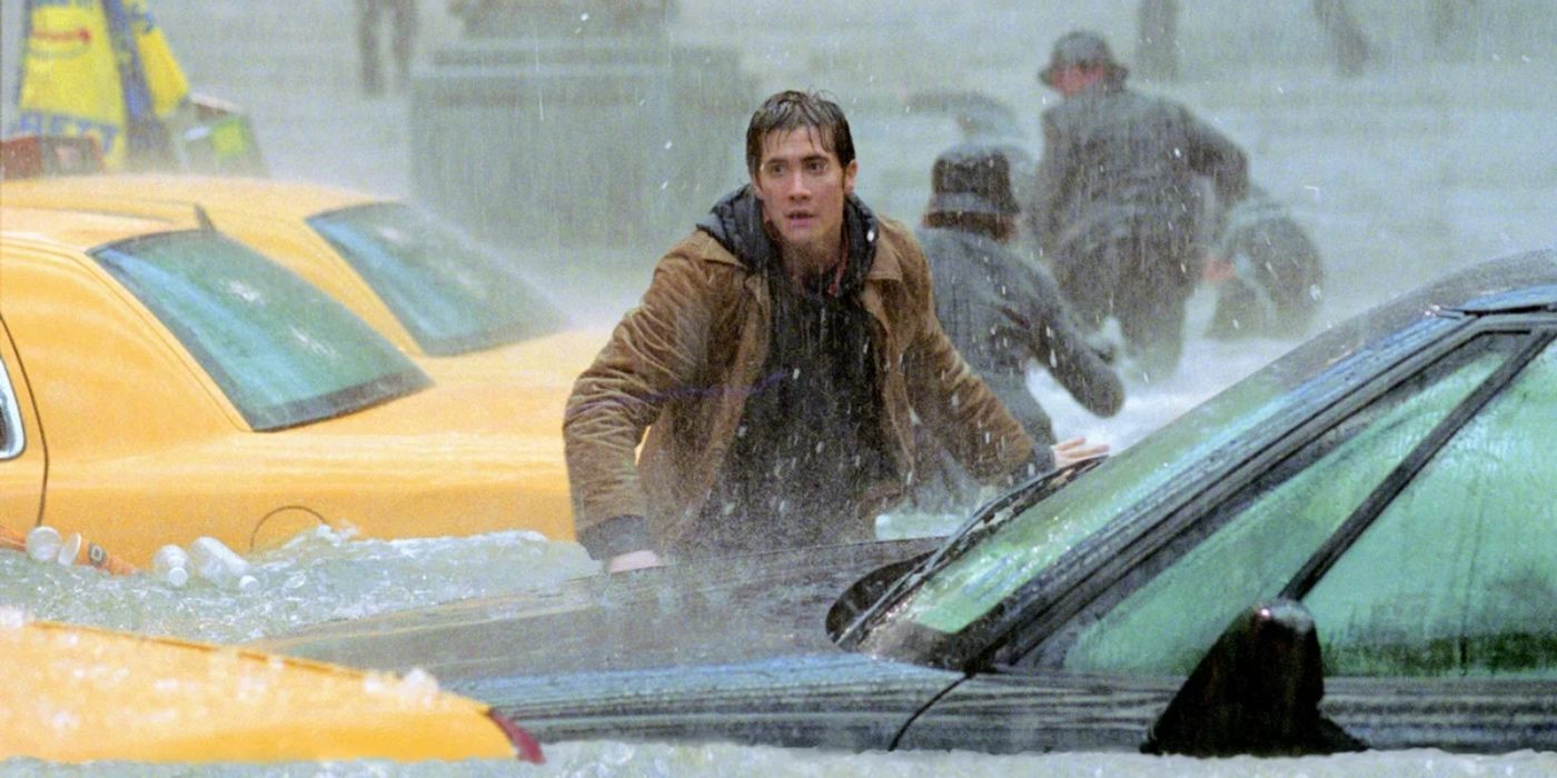 Jake Gyllenhaal in the middle of a flooded street in the film The Day After Tomorrow