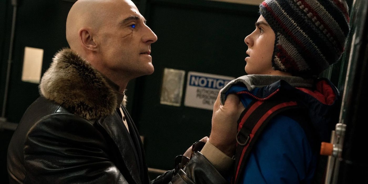 Dr. Thaddeus Sivana (Mark Strong) menaces Freddy Freeman (Jack Dylan Grazer) in Shazam!