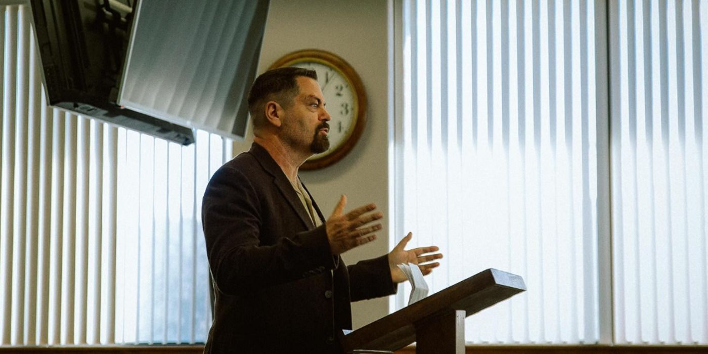 Nick Offerman as Jerry Kane in Sovereign giving a speech