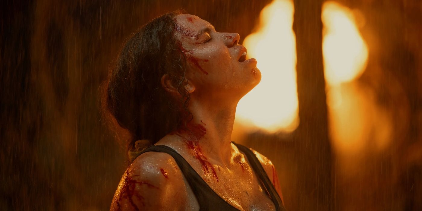 A still from Smoke with a woman in the rain