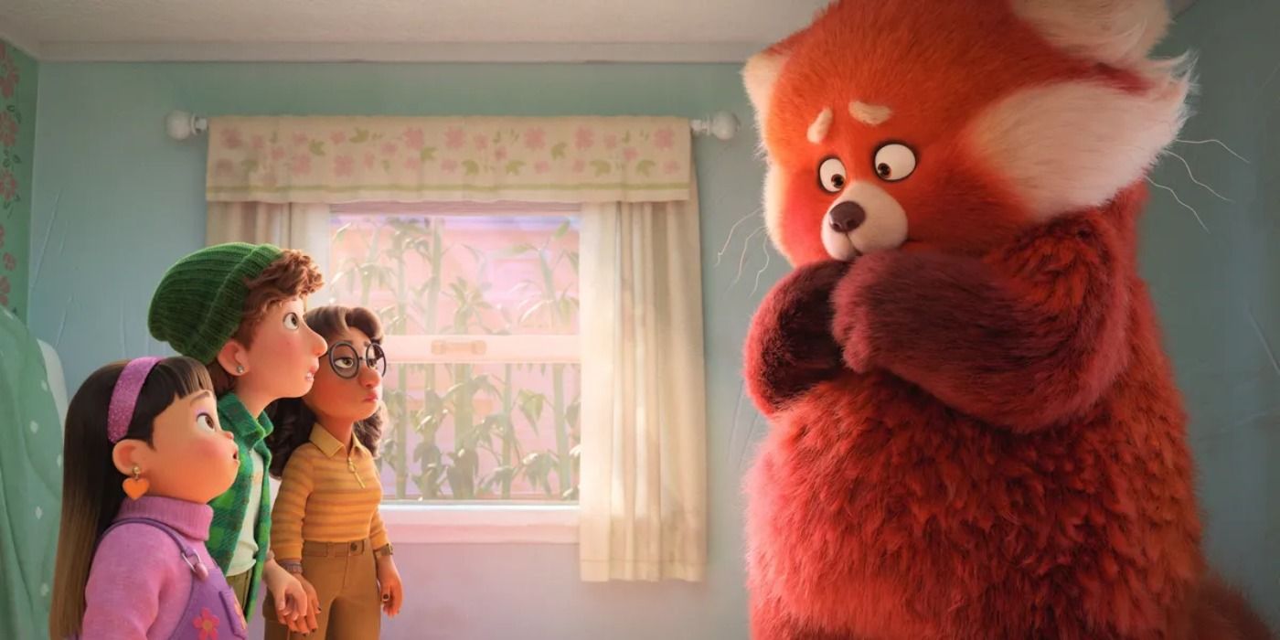 The Turning Red bear with kids looking at him