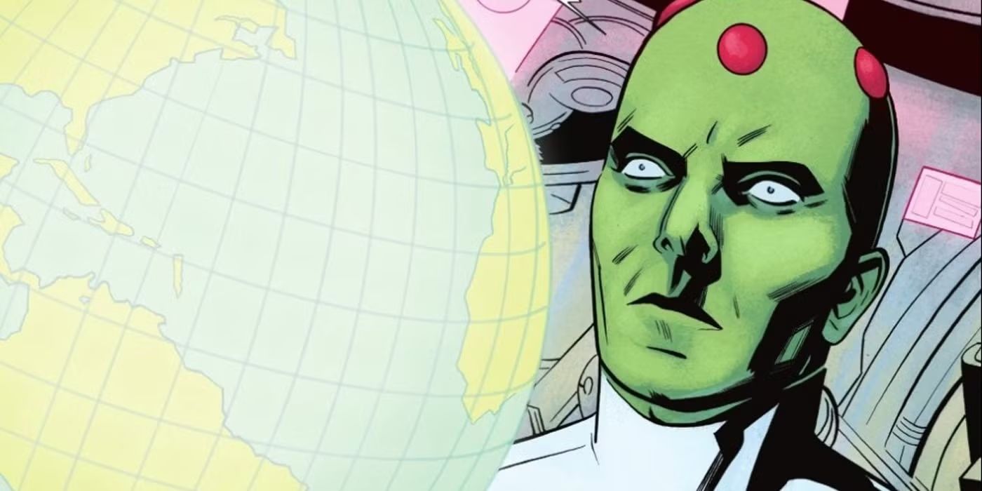 Brainiac in Superman '78 looking at a globe
