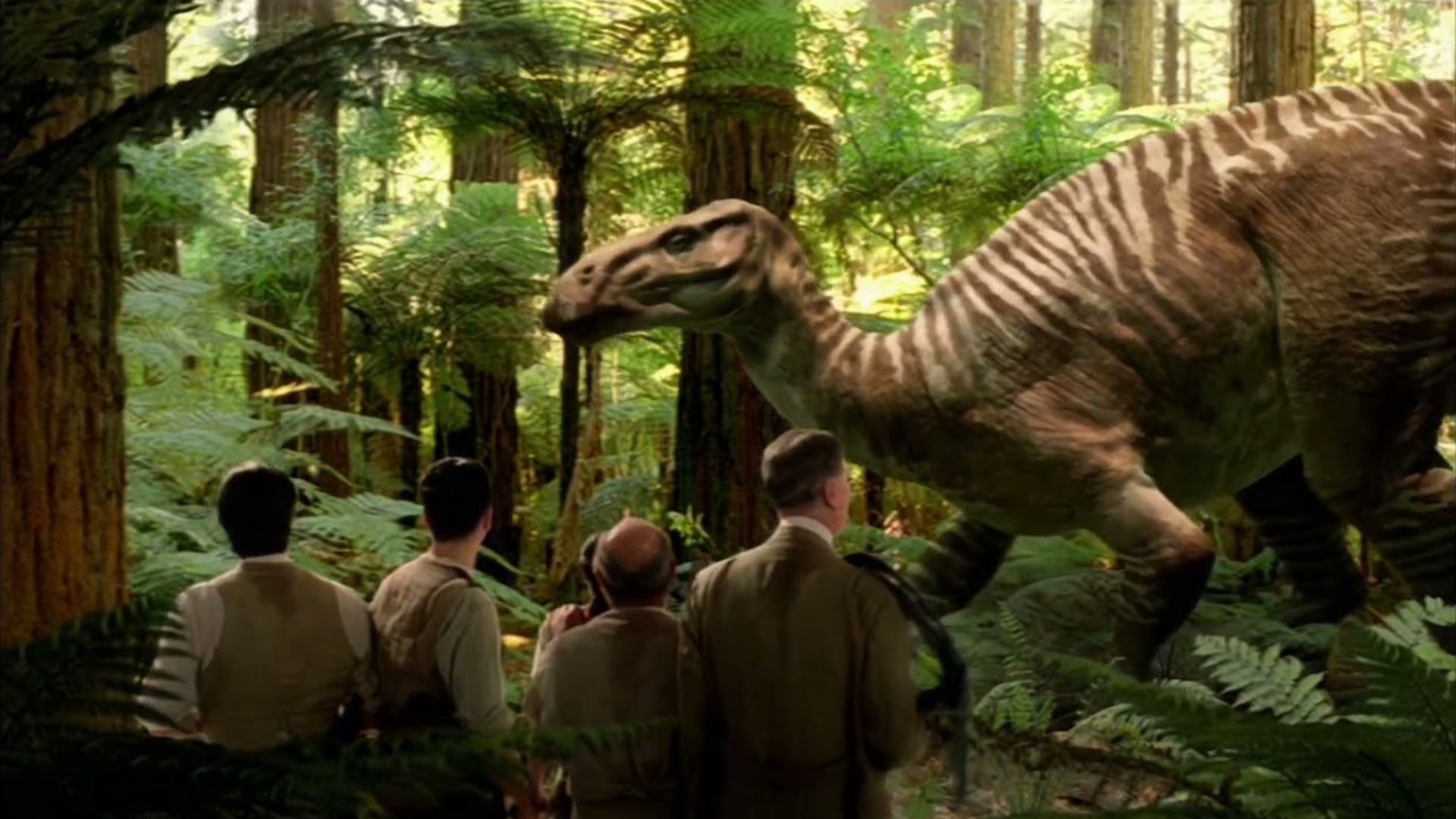 Challenger, Summerlee, Roxton, Malone and Clooney observing a Pteranodon in 2001's The Lost World