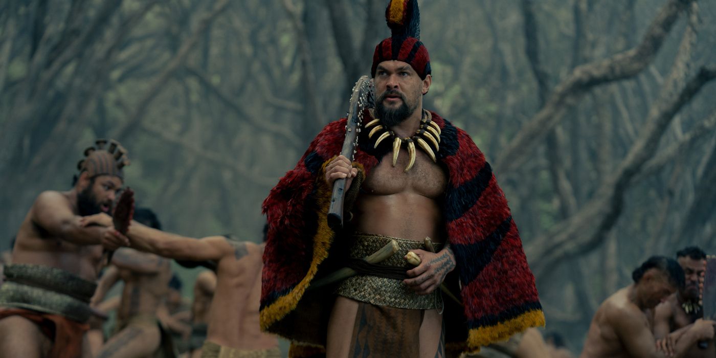 Jason Momoa as Kaʻiana dressed in a traditional Hawaii outfit in Chief of War  