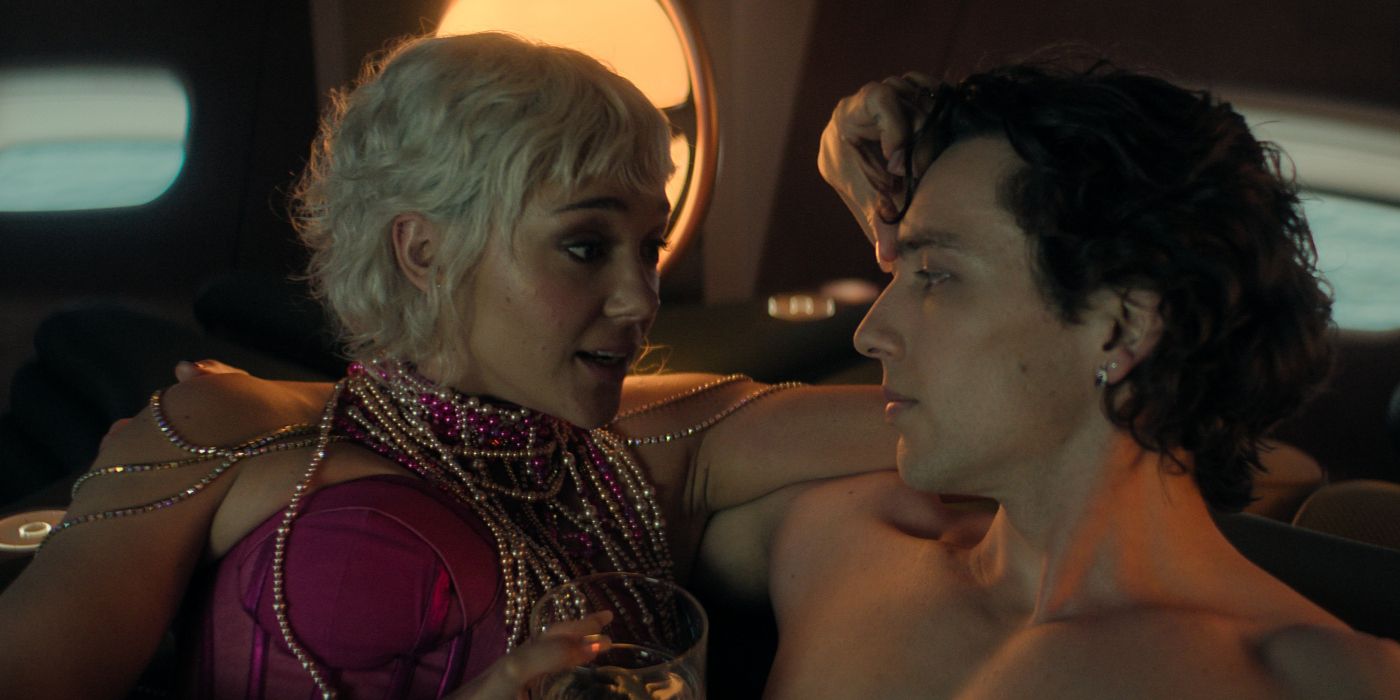 Synnove Karlsen as Bayta Mallow embracing Cody Fern as Toran Mallow in Foundation