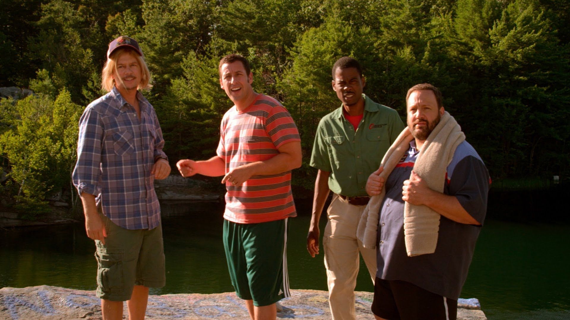 Adam Sandler, David Spade, Chris Rock and Kevin James in Grown Ups 2 about to go cliff diving