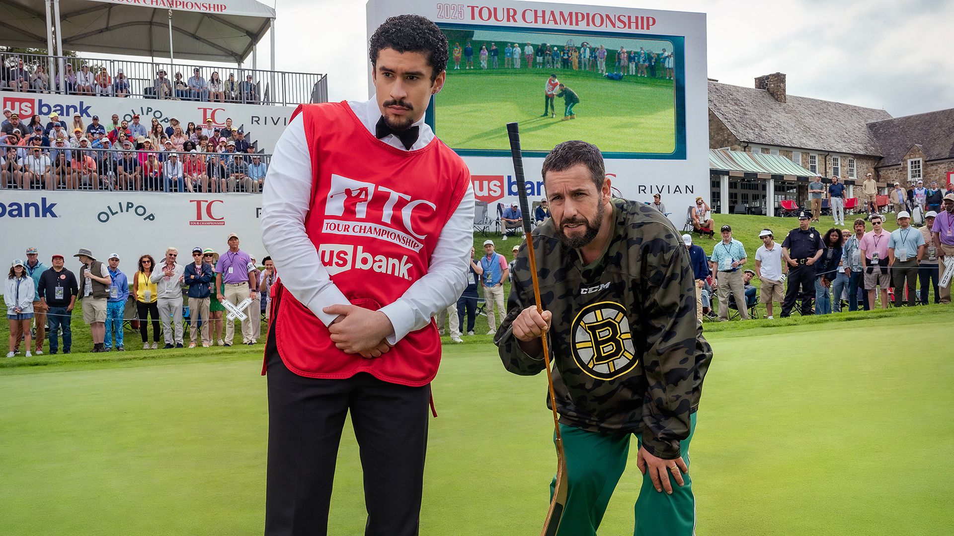 Bad Bunny and Happy Gilmore inspecting the ball's position on the course in Happy Gilmore 2.