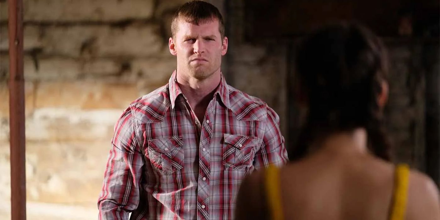 Wayne squints in a flannel shirt in Letterkenny