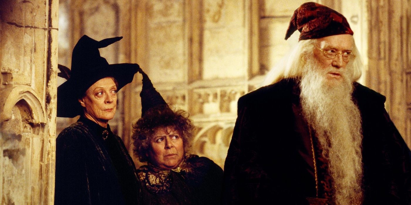 Maggie Smith's Minerva McGonagall, Miriam Margolyes' Pomona Sprout, and Richard Harris' Albus Dumbledore in Harry Potter and the Chamber of Secrets