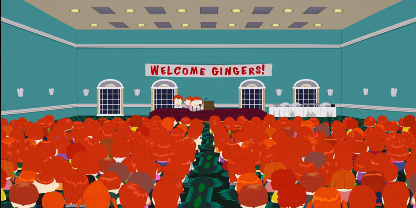 South Park's Ginger Kids episode with Cartman standing before a banner that says Welcome Gingers.