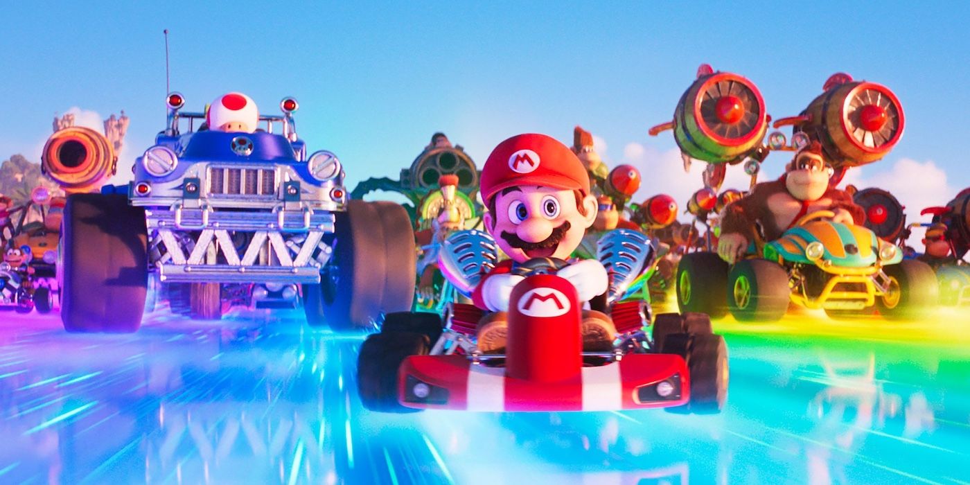 Toad, Mario, and Donkey Kong racing vehicles in The Super Mario Bros. Movie