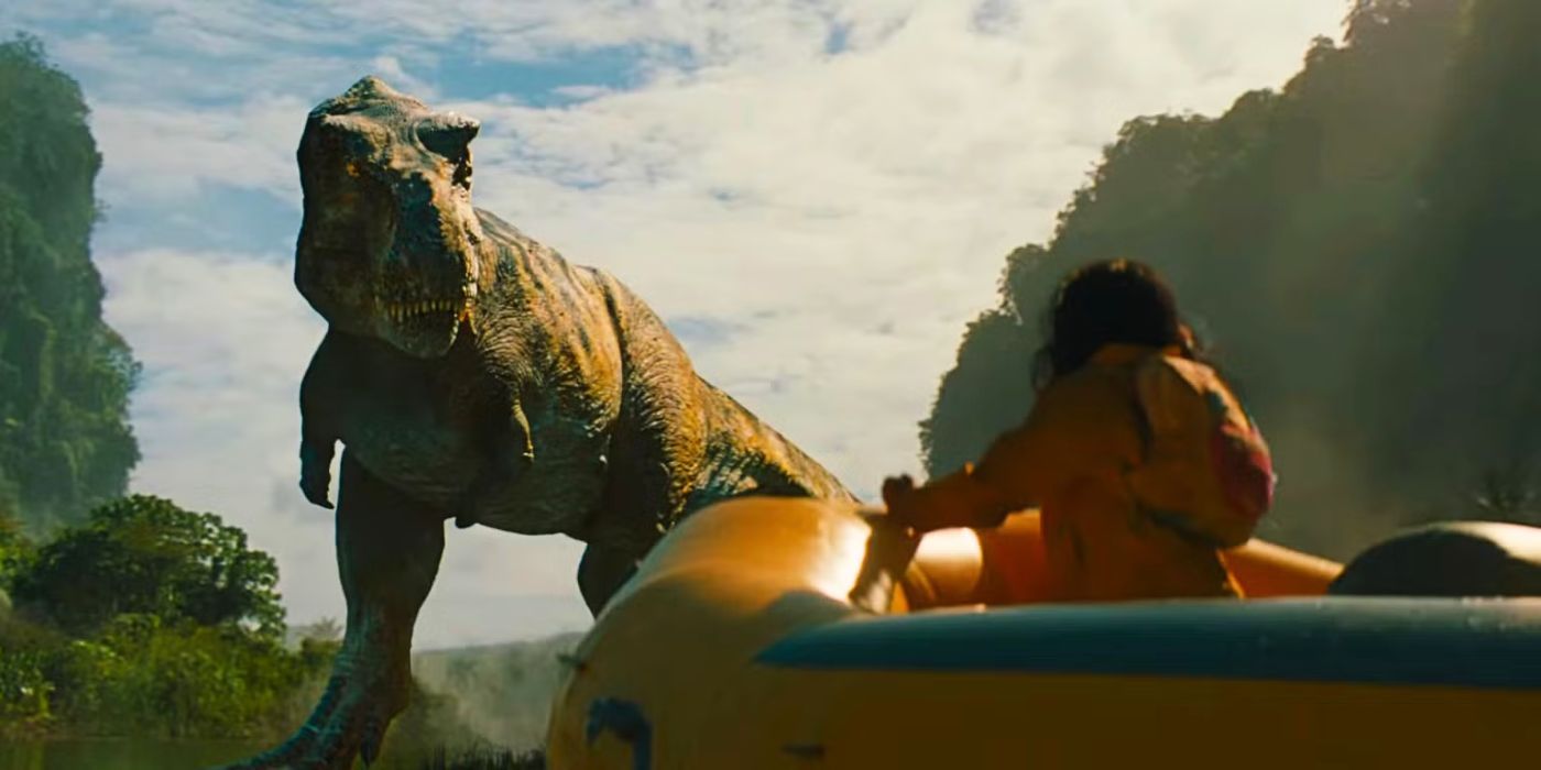 A Tyrannosaurus rex eyes a child on a raft in Jurassic World Rebirth