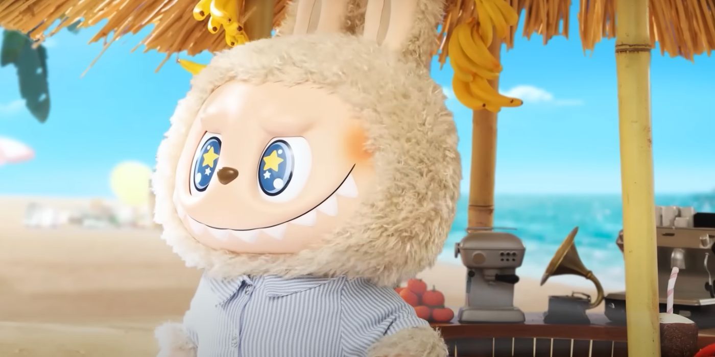 A dressed up Labubu on the beach