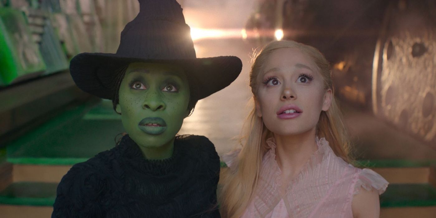 Ariana Grande and Cynthia Erivo look up in Wicked