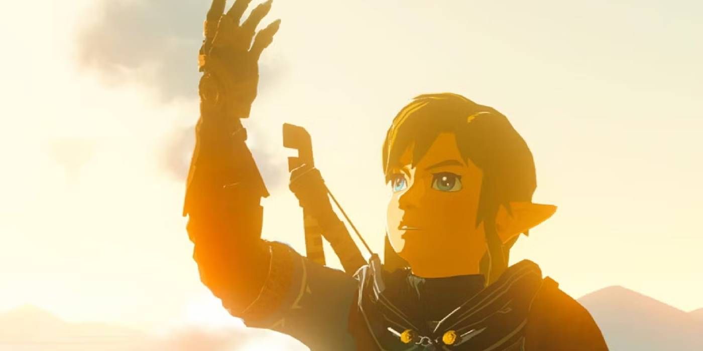 Link raising his hand in The Legend of Zelda: Breath of the Wild
