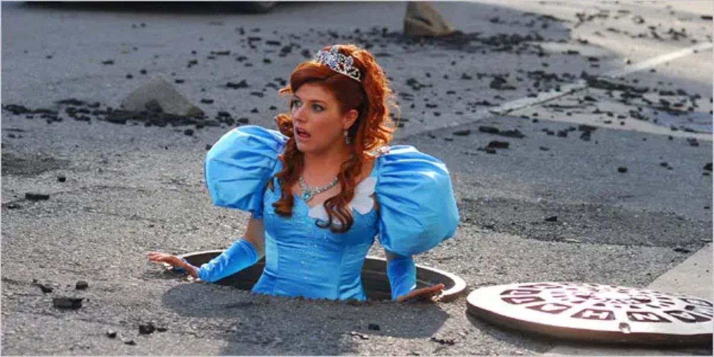 Nicole Parker (Enchanted Princess) stands in a manhole in 2008's "Disaster Movie"