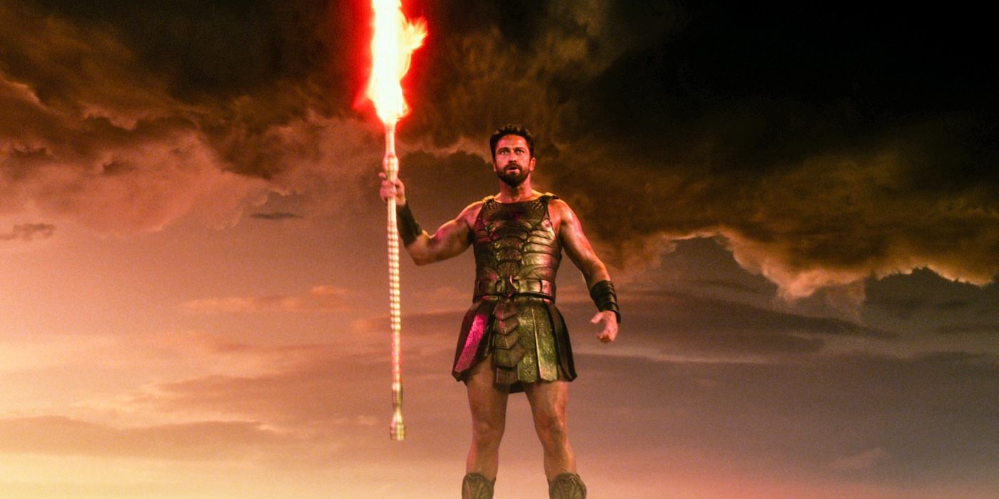 Gerard Butler as Set, the Egyptian God of the Desert, holding a torch in Gods of Egypt