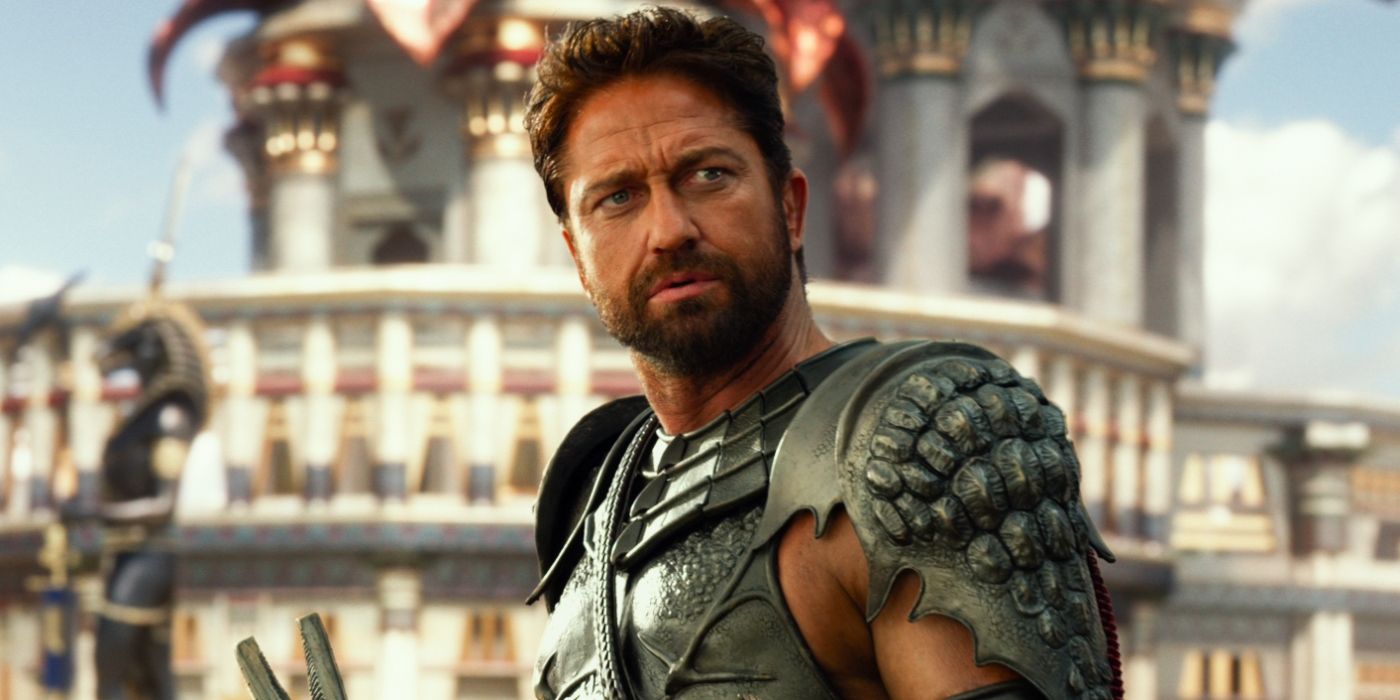 Gerard Butler in Gods of Egypt wearing armor looking off-screen