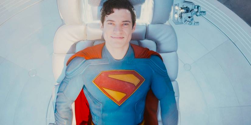 Still from Superman with David Corenswet smiling in a chair