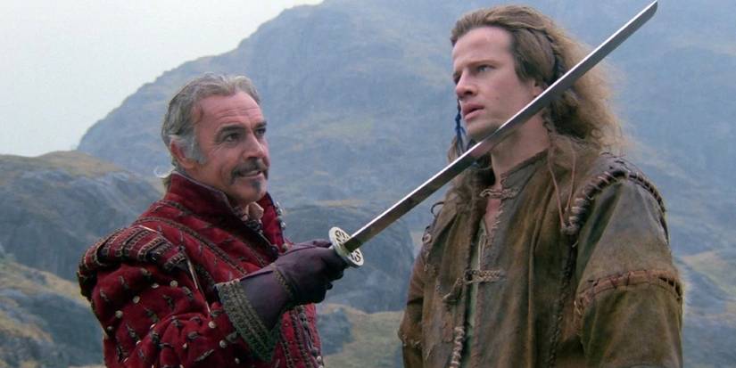 Sean Connery holds a sword to Christopher Lambert's neck in Highlander