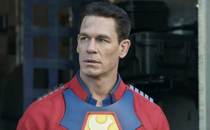 John Cena in Peacemaker wearing his blue and red suit