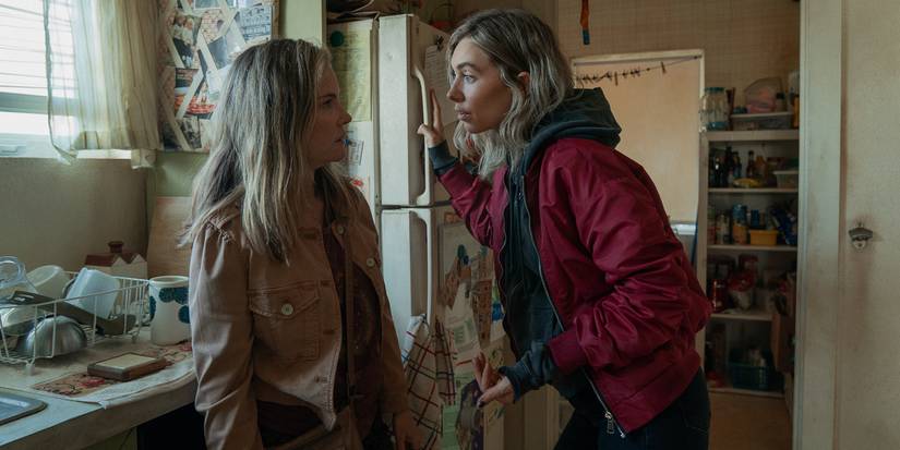 Vanessa Kirby as Lynette talking to Jennifer Jason Leigh as Doreen in the kitchen in Night Always Comes