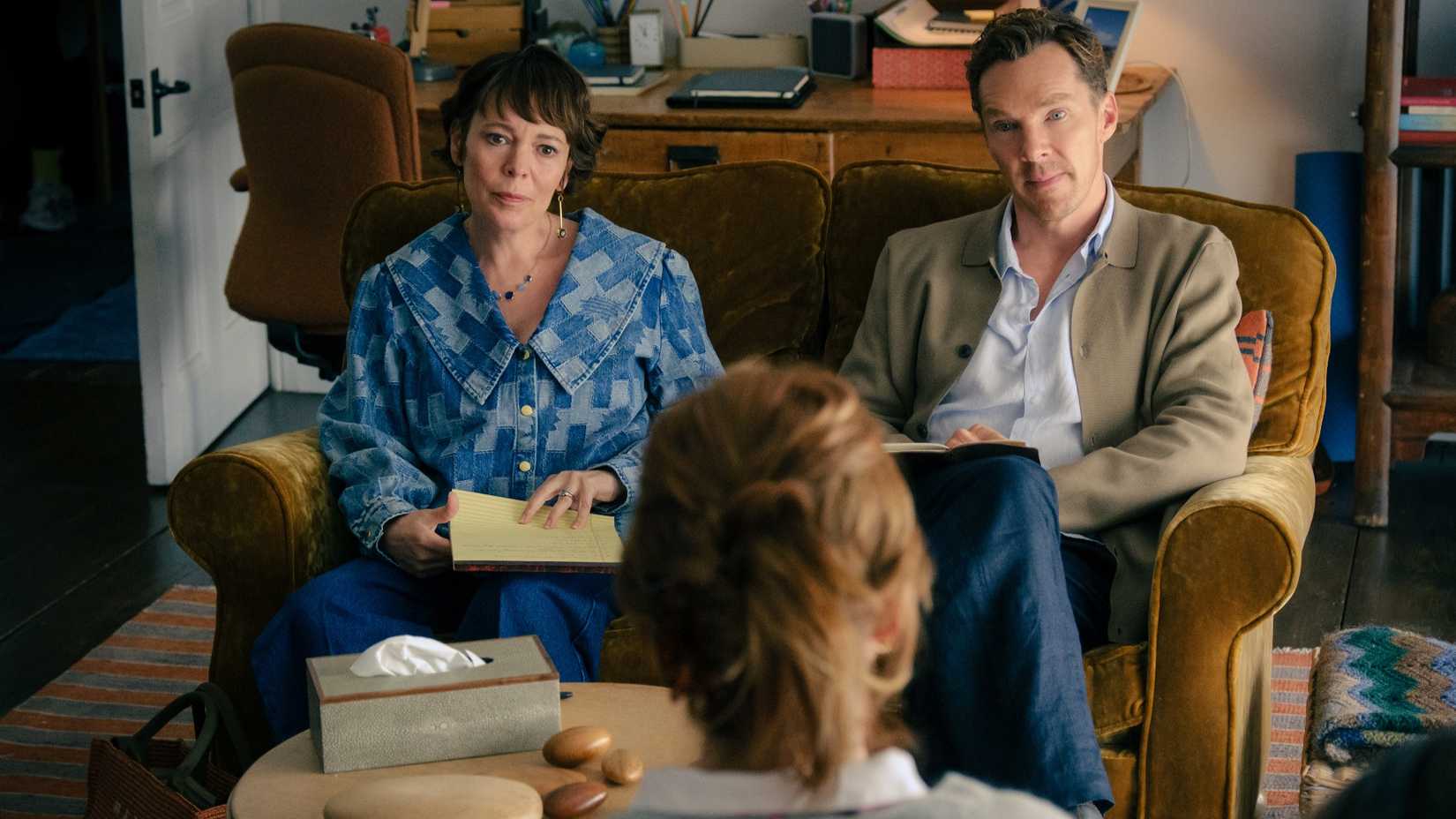Olivia Colman and Benedict Cumberbatch in therapy in The Roses