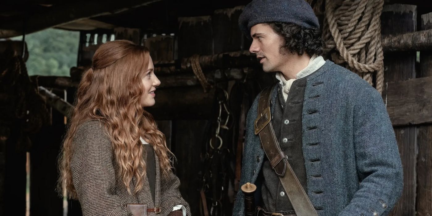Jamie's parents, Ellen (Harriet Slater) and Brian (Jamie Roy), talking inside a stable in Blood of My Blood.