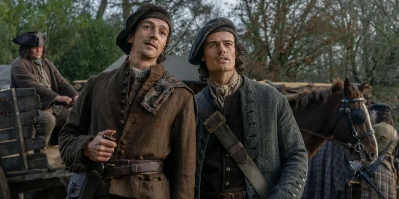 Rory Alexander as Young Murtagh Fitzgibbons Fraser and Jamie Roy as Brian Fraser in Blood of My Blood. 
