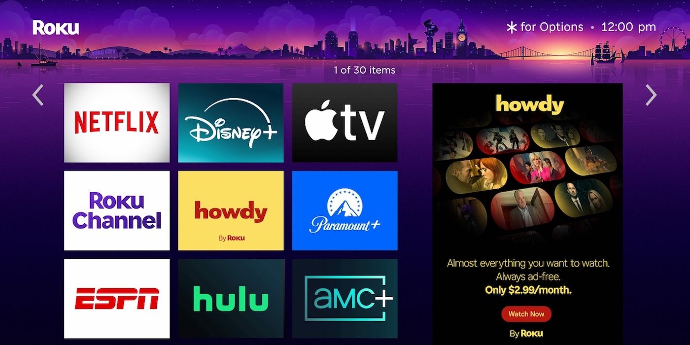Roku home screen featuring a tile and advert for new subscription streaming service Howdy
