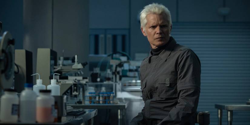 Timothy Olyphant in Alien: Earth in his lab looking confused