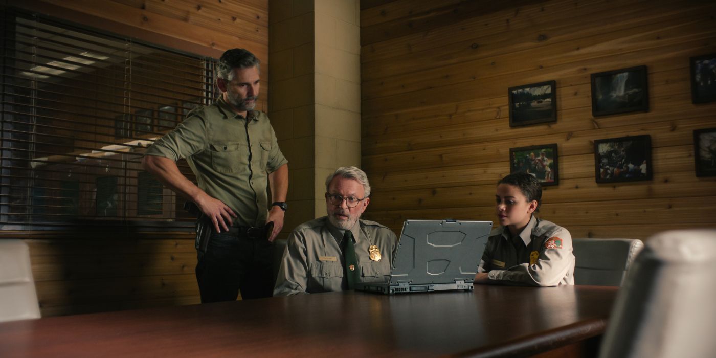 Eric Bana as Kyle Turner, Sam Neill as Paul Souter, and Lily Santiago as Naya Vasquez researching woman's death in Untamed 