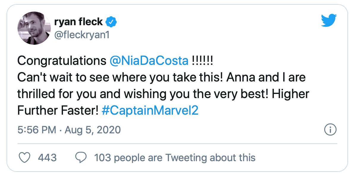 Ryan Fleck Tweet Captain Marvel 2 Nia DaCosta