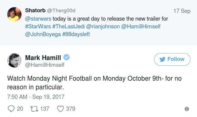 Mark Hamill Star Wars Last Jedi Trailer Tweet