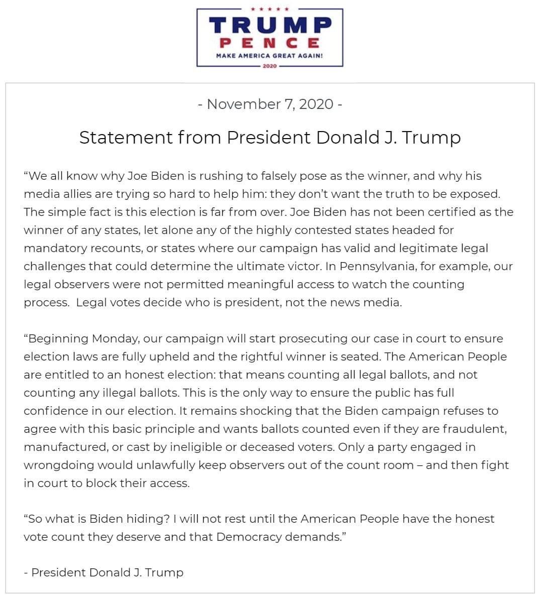 Trump statement on Biden win