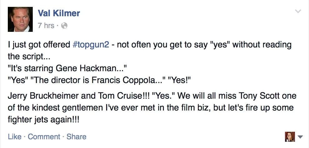 Val Kilmer Top Gun 2 Facebook Post