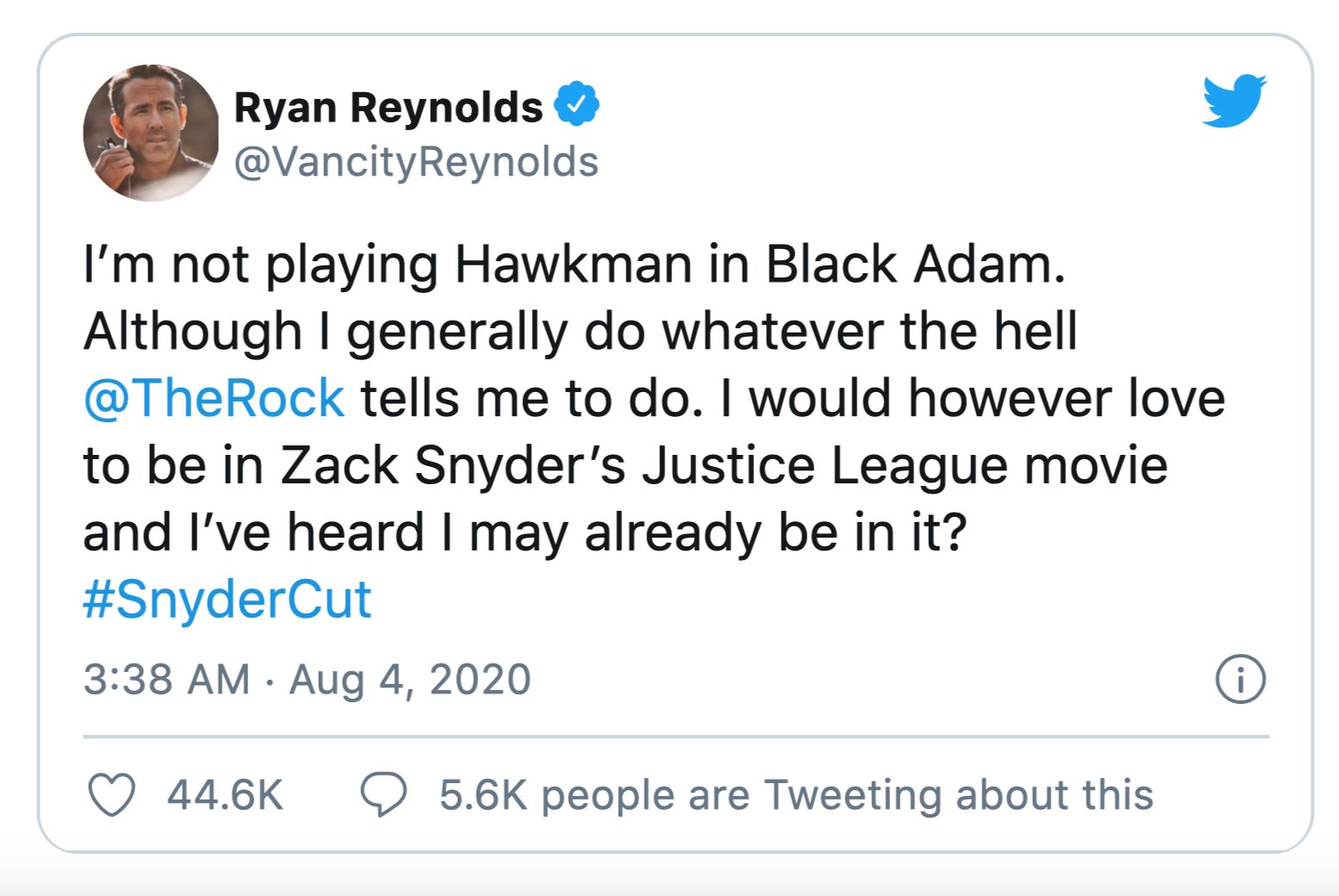 Ryan Reynolds Hawkman tweet